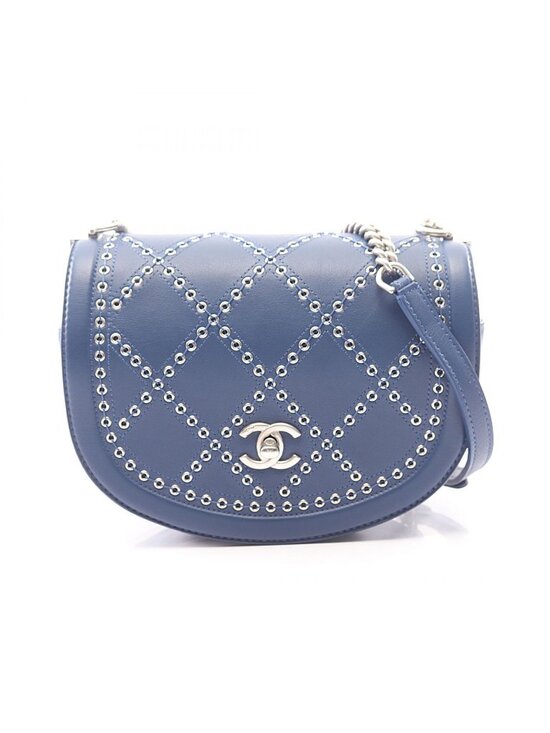 Chanel Handbags - Chanel Shoulder Bag Quilted Coco Eyelet Round Mini Blue Leather Chain